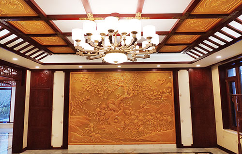 前进中式别墅客厅中式木作横梁吊顶装饰展示